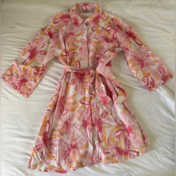 ZARA Pink Orange Floral Tropical Linen Blend Shirt Dress Size S - Picture 9 of 10